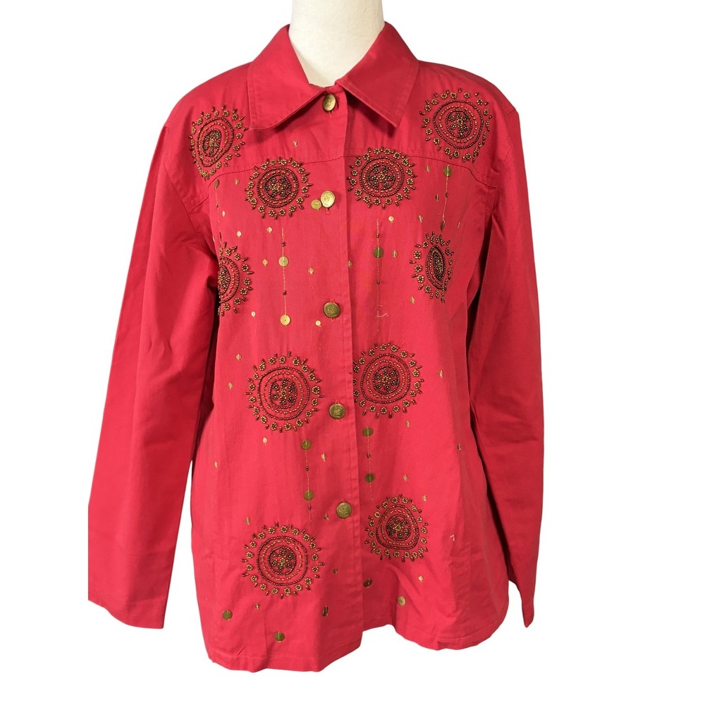Quacker Factory Womens Medium Red Beaded‎ Embellished Button Front Lined Jacket